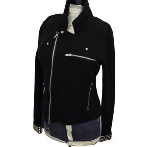 Cache Black Cotton Knit Moto Jacket Studded Cuffs Asymmetrical Zip‎ M Y2K Biker